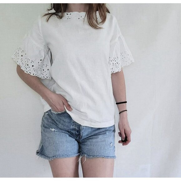 LOFT Blouse White Embroidered Eyelet Short Sleeve Size Medium Linen - Picture 3 of 14